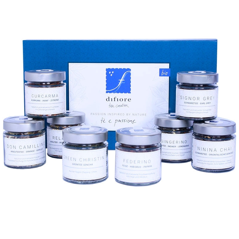probepaket mit acht sorten feinstem biotee im glas. zum probieren oder verschenken