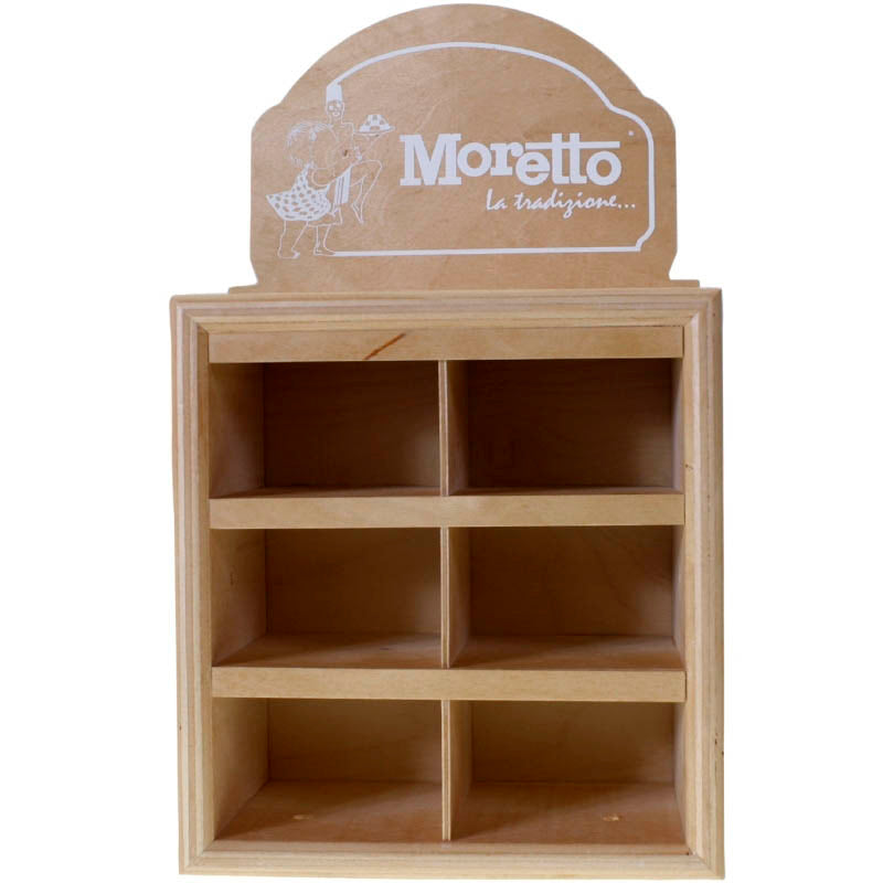 moretto holzdisplay für trinkschokoladen beutel
