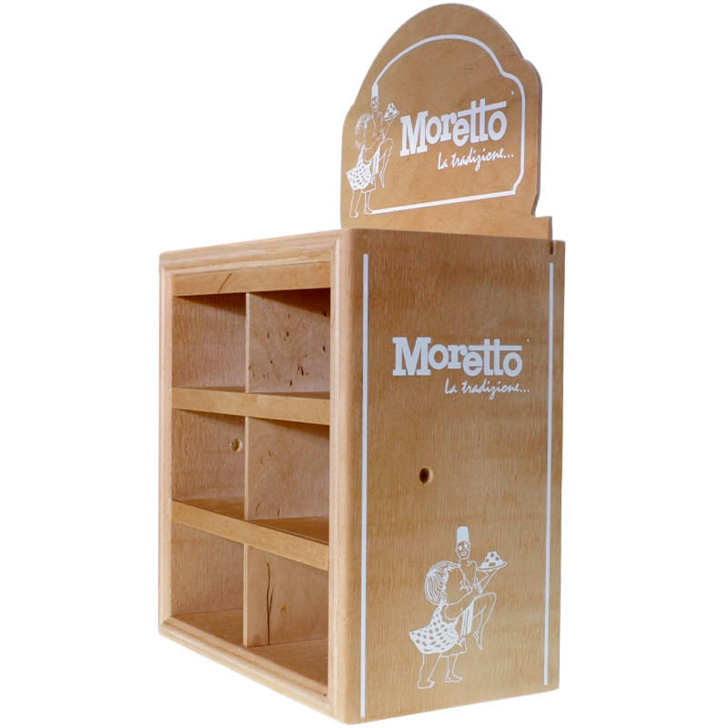 trinschokoladen holzdisplay aus holz mit moretto schriftzug